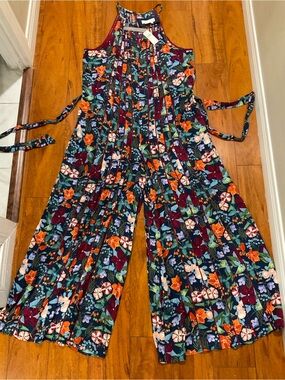 Anthropologie Navy Floral Halter Jumpsuit with Multicolor Blooms